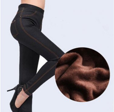Miss coffe Winter Jeans Pants New Women Faux Denim Pencil Pants Solid Warm Thicken Fleeces Trousers 