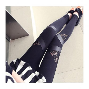 Sexy Leggings Triangle patchwork with lace wholesale women trousers Skinny stretchy pants black autu