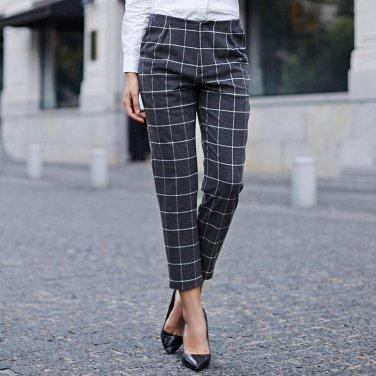 Veri Gude Women\'s England Style Plaid Pants Straight Trousers for Autumn Women Check and Plaid Ankl
