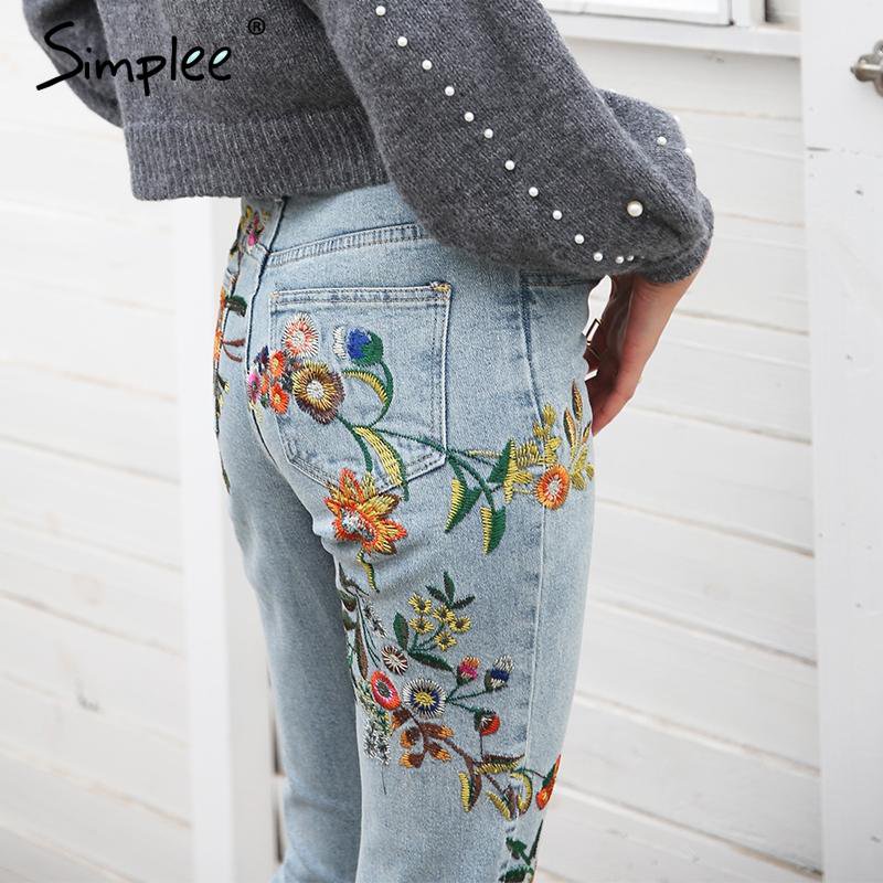 Simplee Floral embroidery jeans woman Casual high waist jeans pants Light blue denim pencil pants wo
