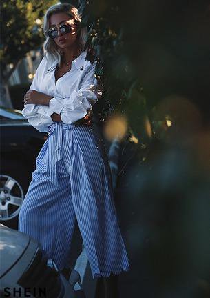 Blue Striped Tie Waist Culotte Pants Wide Leg Pants Scallop Hem Trousers With Belt 2017 Fall Mid Wai