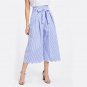 Blue Striped Tie Waist Culotte Pants Wide Leg Pants Scallop Hem Trousers With Belt 2017 Fall Mid Wai