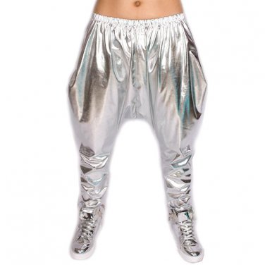 New personality Silver big crotch trousers stage performance costumes harem pants hip hop skinny pan