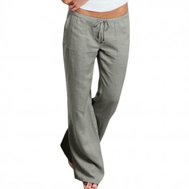 Women High Waist Elastic Linen Trousers Female Straight Casual Pants Loose Long Wide Leg Trousers