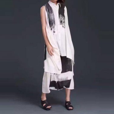 Print Pant Suits Female Sleeveless Single Breasted Asymmetrical Tops With Elastic High Waist Patchwo