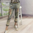 Boyfriend Casual Women Fashion letters printed Bronzing Jeans Lady Fashion Hole Pencil Denim Pants W
