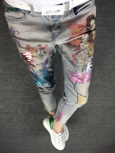 2017 spring new beauty printed sequins bronzing slim nine points jeans women skinny trousers