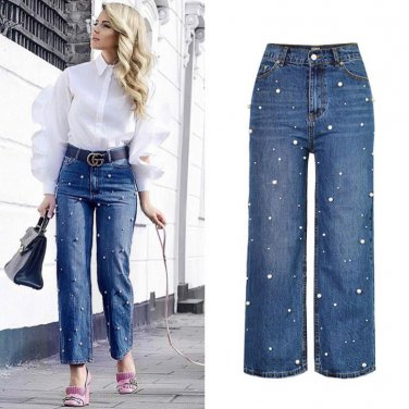 Loose Embroidered Flares Wide Leg Pants Women High Waist Fashion Pearl Nail Bead Jeans Femme Persona