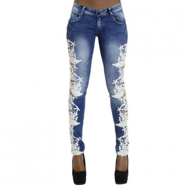 Fetoo High Quality Lace Patchwork Women Pencil Pants Jeans Trousers Low Waist Skinny Slim Denim Elas