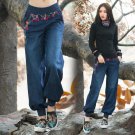 women autumn spring bohemian hippie original long embroidery denim wide leg pant
