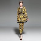 2018 New Spring Summer Round Collar Long Sleeve Flower Printing Blouse + Elastic Waist Trousers + Sk