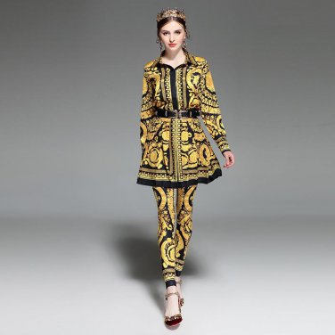 2018 New Spring Summer Round Collar Long Sleeve Flower Printing Blouse + Elastic Waist Trousers + Sk
