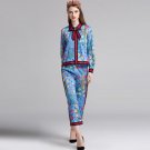 Fashion Summer Women\'s Vintage Floral Printed 2 Piece Sets Blue Top with Bow+Ankle-Length Trousers 