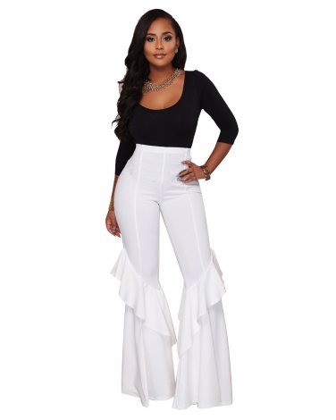 NEW Plus Size Ruffle Trousers Tops+Pants 2 piece suits Solid Flare Boot Cut Pants Set Fashion Women 