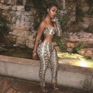 Women Suits Sexy One Shoulder Long Sleeve Snakeskin Print T-shirt Leisure Pencil Trousers Two Piece 