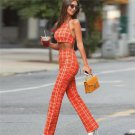 2018 women new fashion high street 2pcs set halter neck backless crop top high waist zipper orange p