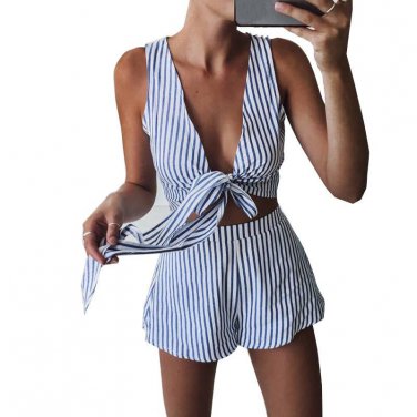 Two Piece Set Blue Striped Playsuits Beach Casual Short Pants Jumpsuit Rompers Sexy Sleeveless V Nec
