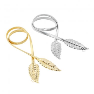 Women Leaf Design Belt Metal Leaves Cummerbund Clasp Front Stretch Waistband Gold Silver elastic Wai