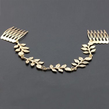 Golden Metallic Branch Leaf Linked Double Hair Comb  Women Headwear Fashion Headbands