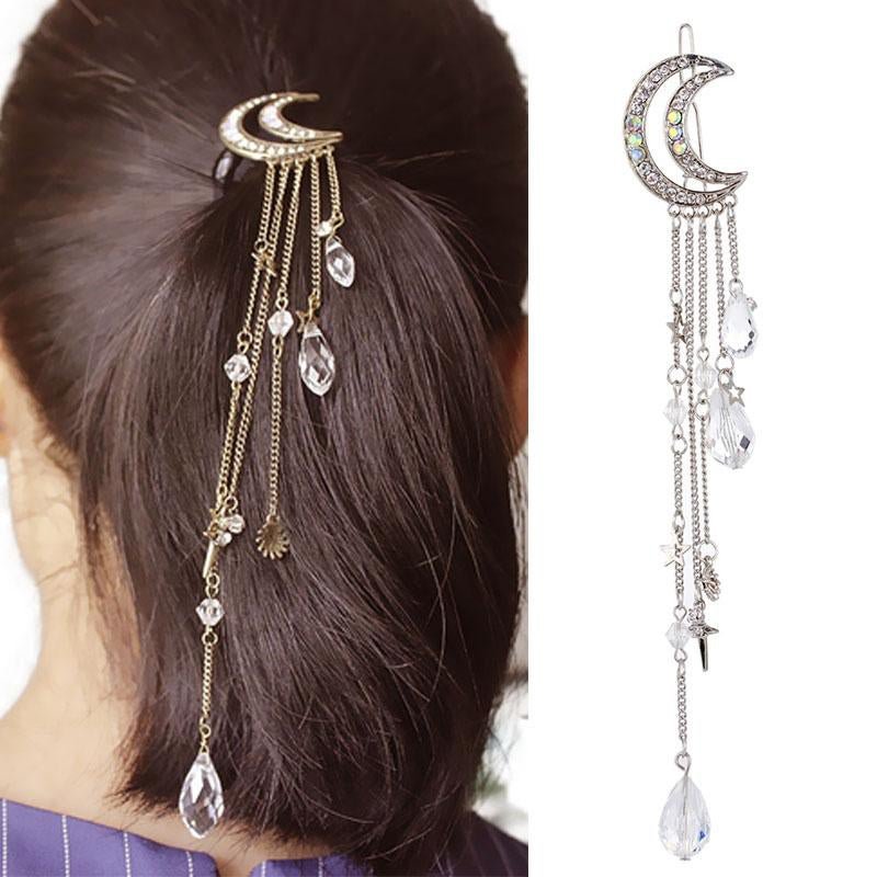 LNRRABC Golden Silvery Women Crystal Moon Long Tassels Hair Clips Charming Hair Accessories