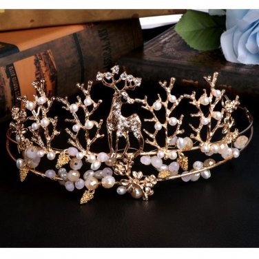 2017 Hot Vintage Golden Deer Bride Crown Hairband Headdress Rhinestone Tiara    NOV9_15