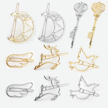 5 Patterns Moon Key Wing Deer Bird Hollow Metallic Golden Silver Hairgrips Hair Clips and Pins for W