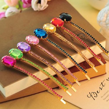 Colorful Shining Oval Stone Fancy Crystal Long Golden Hair Clips and Pins  Women Fashion Headwear Ha