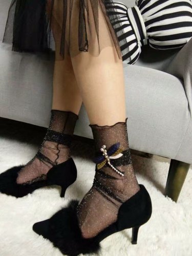 2017 New Summer Black Transparent Socks Cute Dragonfly Socks Women Bright Silver Shiny Socks Chausse
