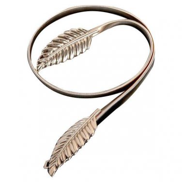 Women Metal Leaves Elastic Stretch Waist Belt Strap Cummerbund Waistband Silver