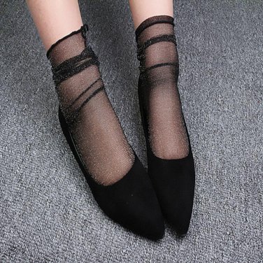 Shiny Solid color in the tube net socks bright shiny silver short socks black Chausettes Femme