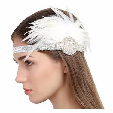 Silver crystal beaded sequined hair hair bring century 20 s retro gates than  white feather headdres
