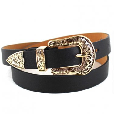 2018 New Women Belt Ancient Silver Vintage Flower Carving Buckle Leather Belt Women Fashion  Length 