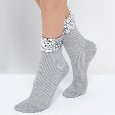 Women\'s Handmade Bling Sequins Socks.Casual Female Grey Solid Color Short Socks.Ladies Silver Sequi