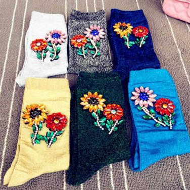 New Style Colorful Sunflower Gem Silver Sequins Meias Handmade Heap Heap Calcetines Harajuku Funny S