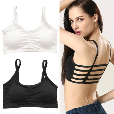 klv Sexy Women Stripe Boho Back Bra Crop Top Tank Vest Cami Hollow Bralette