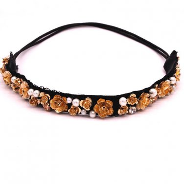 2017 New Spring Gold Metal Flower Headbands Boho Black Nylon fAabric Headbands For Girls With Pearl 
