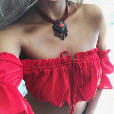 Summer Short sleeve chiffon shirt women tops Boho off shoulder crop top red beach Tops chemise tube 