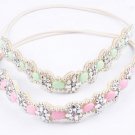 Metting Joura Women Girls Bohemian Pink Green Resin Stone Flower Bride Bridal Wedding Elastic Headba