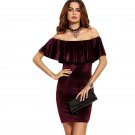 Womens Dresses New Arrival Sexy Club Dresses Burgundy Ruffle Off The Shoulder Short Sleeve Velvet Bo