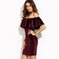 Womens Dresses New Arrival Sexy Club Dresses Burgundy Ruffle Off The Shoulder Short Sleeve Velvet Bo