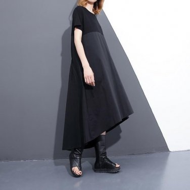 Summer Round Neck Short Sleeve Split Joint Hit Color Black Large Size Loose Dress Women Fashion Tide