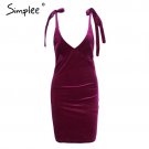 Strap tie up velvet dress women V neck casual short winter dress female Wine red mini dresses Christ