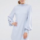 Plain Blue Lantern Sleeve Women\'s Day Dress