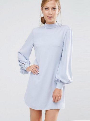 Plain Blue Lantern Sleeve Women\'s Day Dress