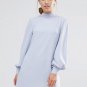 Plain Blue Lantern Sleeve Women\'s Day Dress