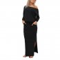 Sexy One Shoulder Dress Women Long Sleeve Long Maxi BOHO Split Evening Party Dress with Pocket Black