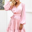 Satin deep v neck ruffle wrap dress Women bow belt lantern sleeve pink sexy dress robe Autumn winter