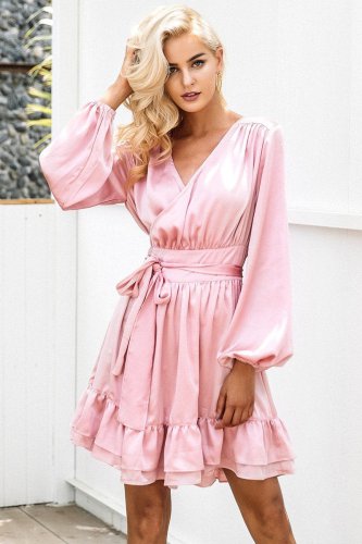 Satin deep v neck ruffle wrap dress Women bow belt lantern sleeve pink sexy dress robe Autumn winter
