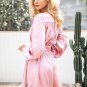 Satin deep v neck ruffle wrap dress Women bow belt lantern sleeve pink sexy dress robe Autumn winter