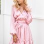 Satin deep v neck ruffle wrap dress Women bow belt lantern sleeve pink sexy dress robe Autumn winter
